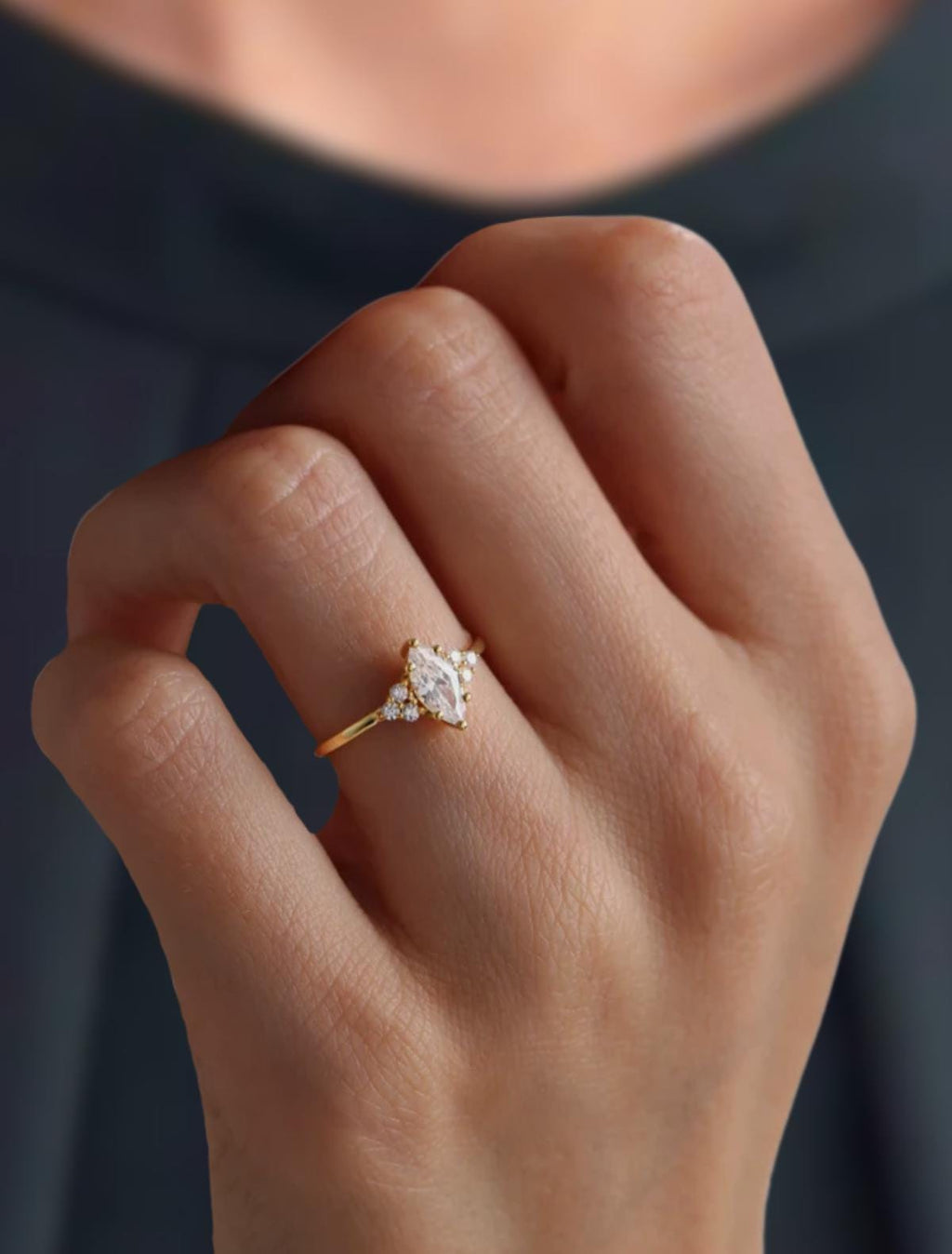 14k Marquise Lab Grown Engagement Ring Solid Gold, Vintage Style Solitaire Ring