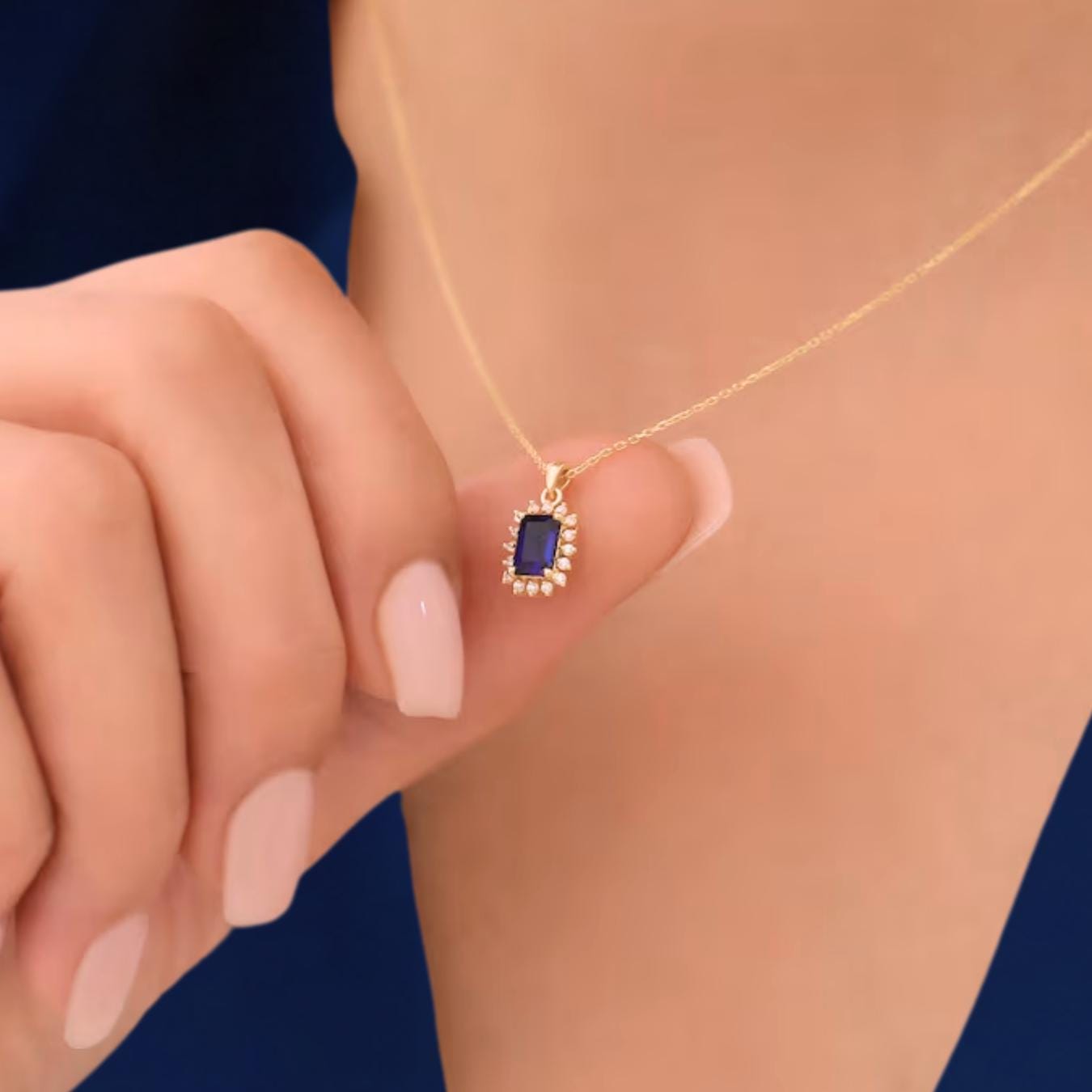 14K Gold Sapphire Surrounded By Lab grown Diamond Necklace