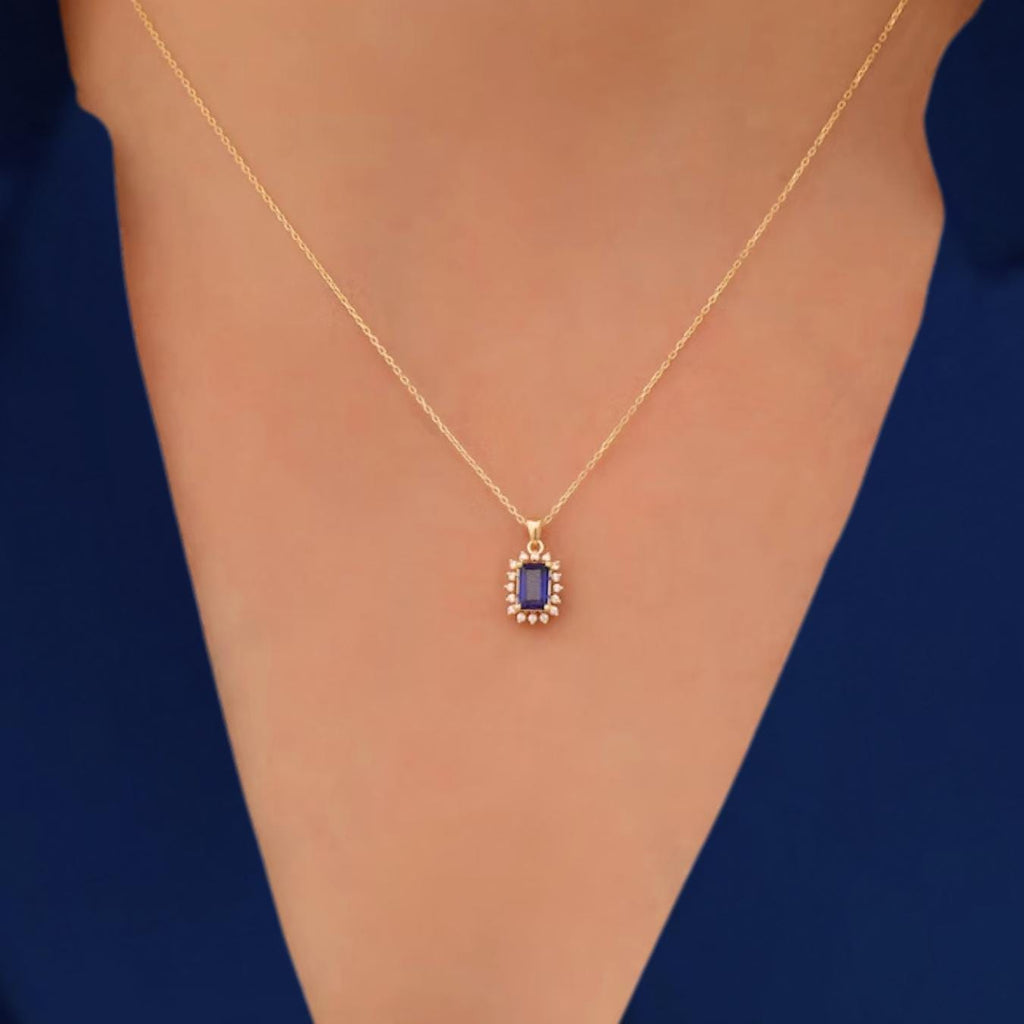 14K Gold Sapphire Surrounded By Lab grown Diamond Necklace