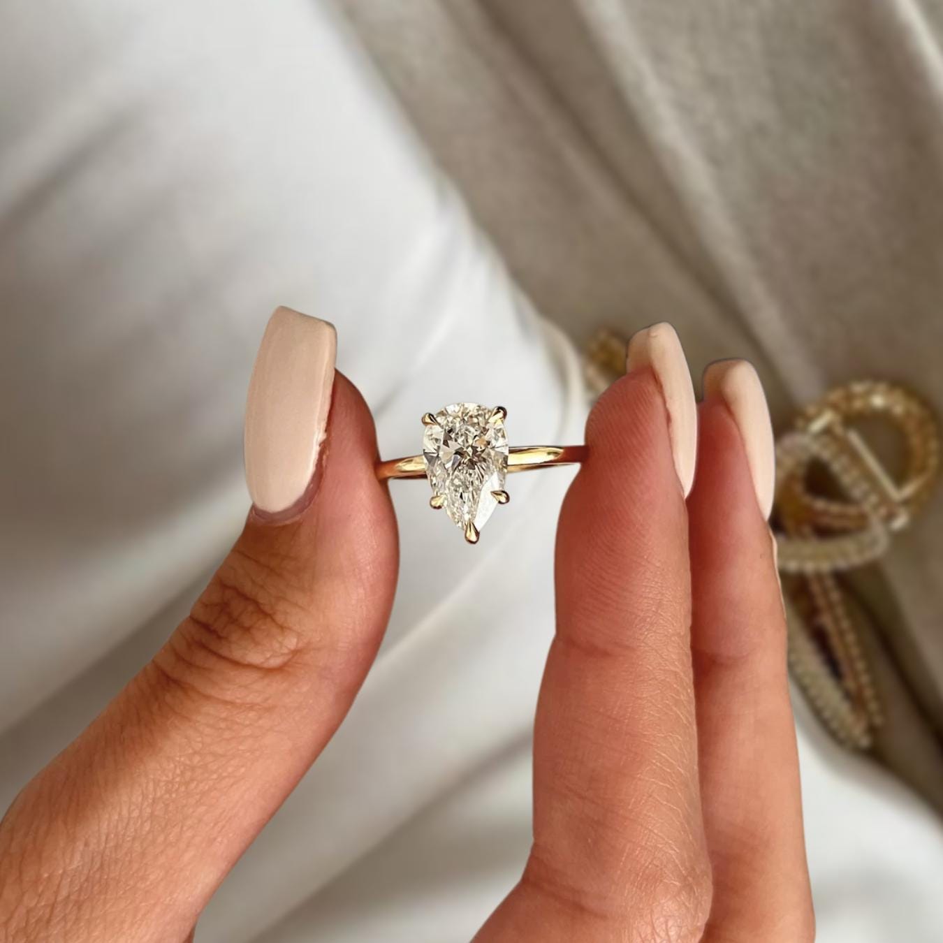 2 Carat Pear Cut Lab Grown Engagement Diamond Ring | 2 CT Solitaire Ring | 14K Gold Thin Dainty Ring