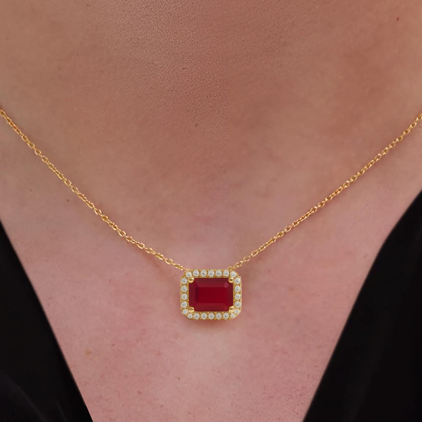 14K Gold Diamond and Ruby Necklace | Emerald Cut Ruby and Lab Grown Diamonds