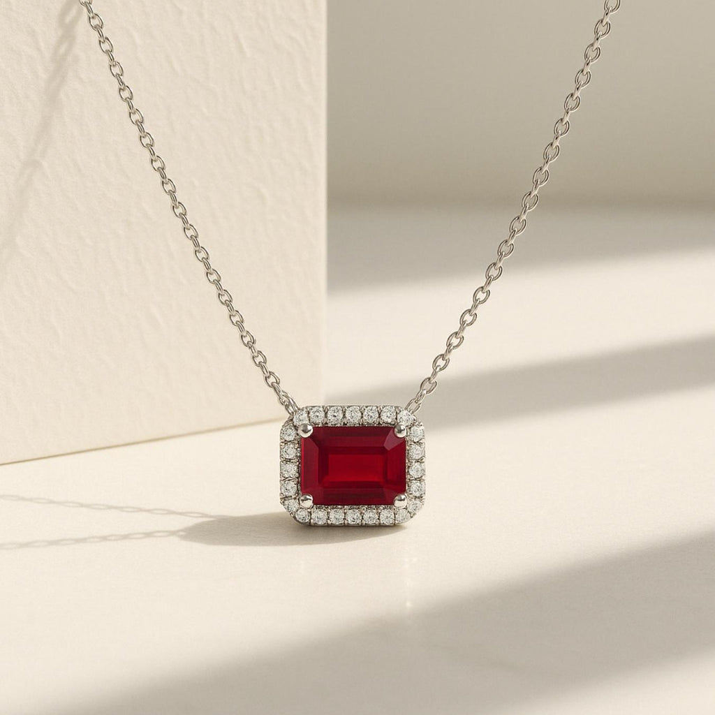 14K Gold Diamond and Ruby Necklace | Emerald Cut Ruby and Lab Grown Diamonds