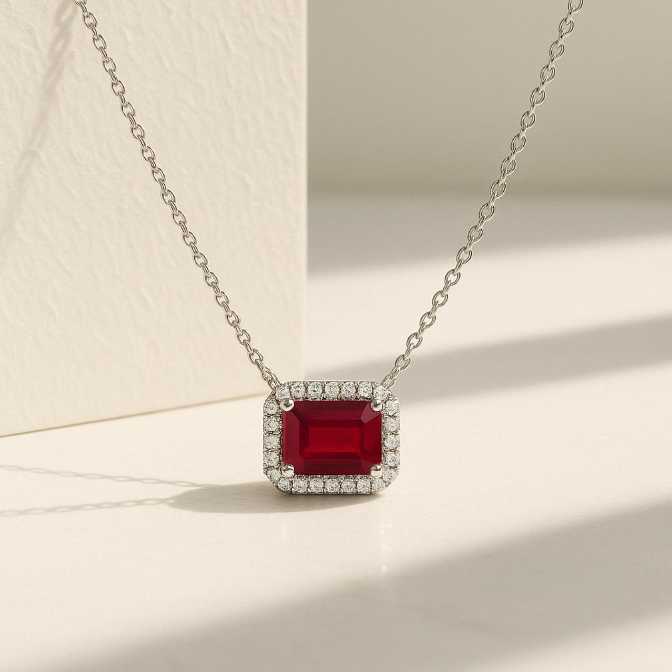 14K Gold Diamond and Ruby Necklace | Emerald Cut Ruby and Lab Grown Diamonds