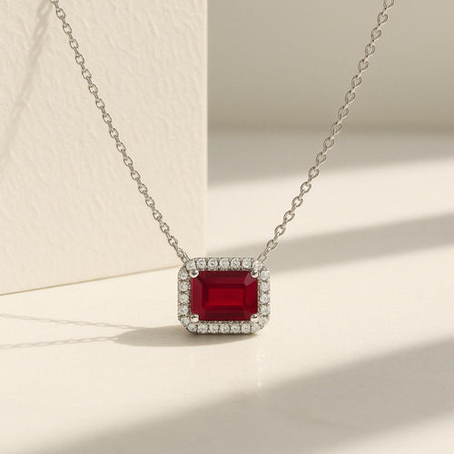 14K Gold Diamond and Ruby Necklace | Emerald Cut Ruby and Lab Grown Diamonds