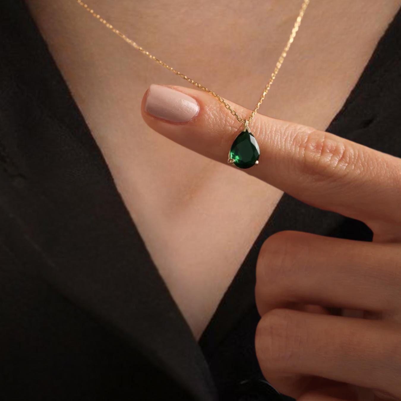 Emerald Green Necklace, May Birthstone Pendant, Solid Gold Emerald Necklace, Teardrop Emerald Jewelry, Minimalist Necklace, Mother's Day