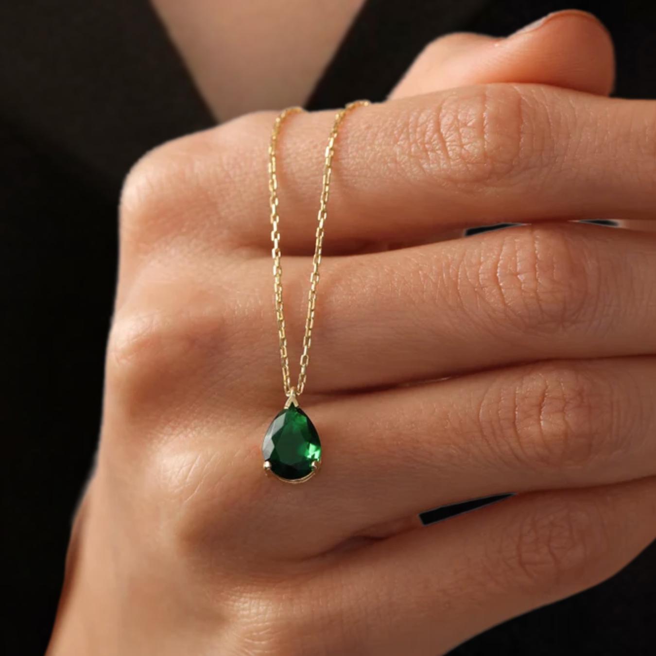 Emerald Green Necklace, May Birthstone Pendant, Solid Gold Emerald Necklace, Teardrop Emerald Jewelry, Minimalist Necklace, Mother's Day