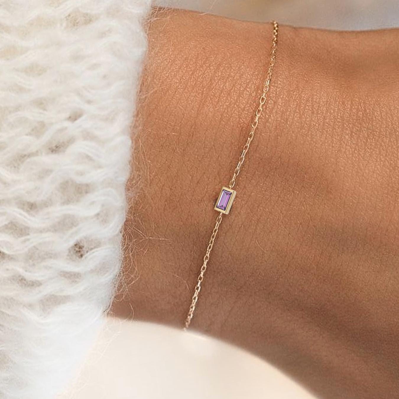 14k Gold Amethyst Bracelet, Baguette Gemstone Stone with Bezel Setting, February Birthstone, Birthstone Jewelry, 14k Dainty Bracelet