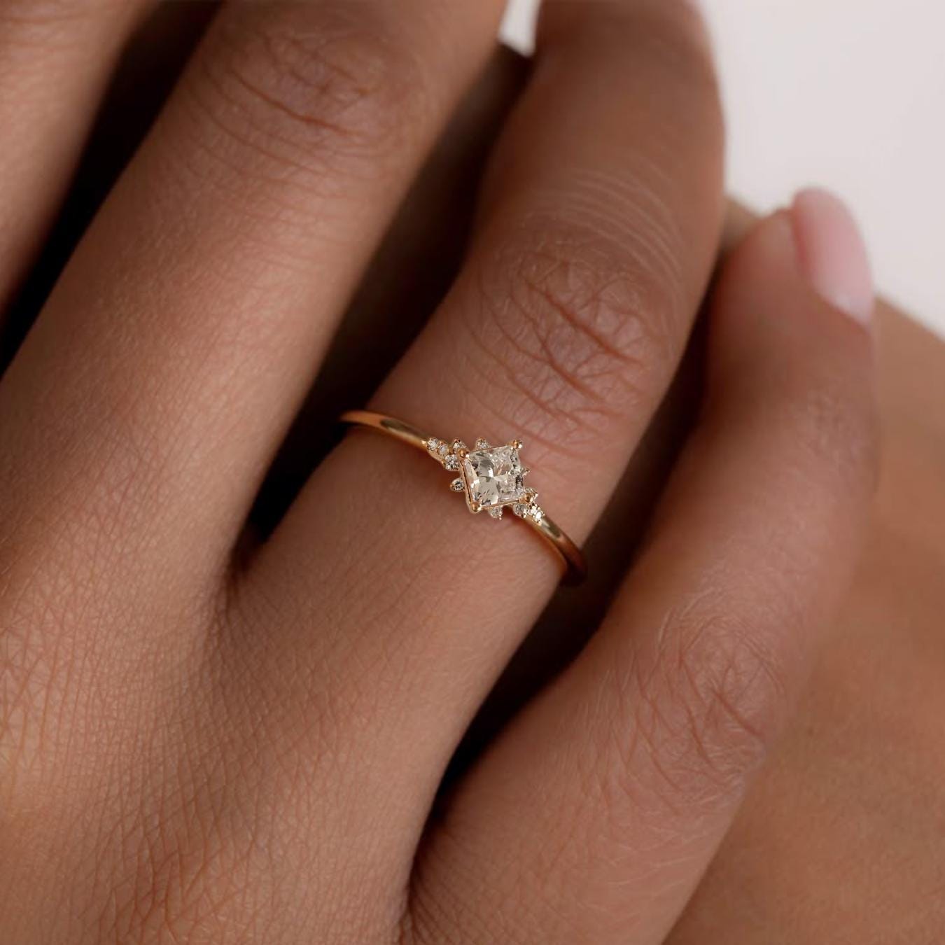 Unique Engagement Ring Princess Cut Lab Diamond Ring, Square Engagement Ring