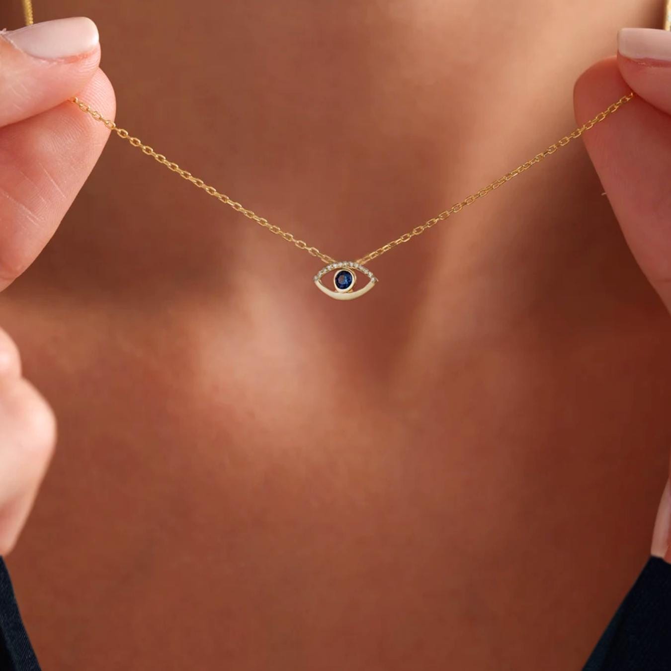 Diamond Evil Eye Necklace for Women | 14k Real Solid Gold | Sapphire Evil Eye Charm | Nazar Evil Eye Diamond Pendant | Gift for Her