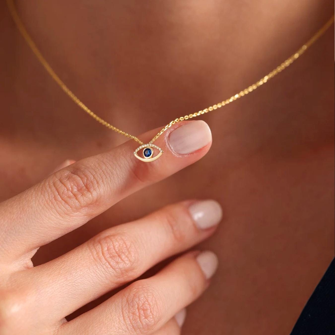 Diamond Evil Eye Necklace for Women | 14k Real Solid Gold | Sapphire Evil Eye Charm | Nazar Evil Eye Diamond Pendant | Gift for Her