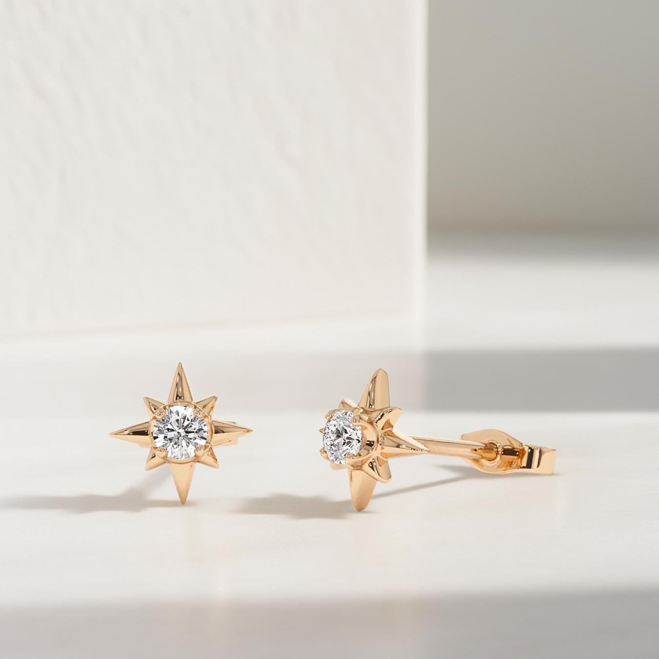 14K Gold Diamond North Star Stud Earrings: Minimalist Starburst Design