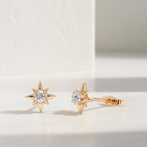 14K Gold Diamond North Star Stud Earrings: Minimalist Starburst Design