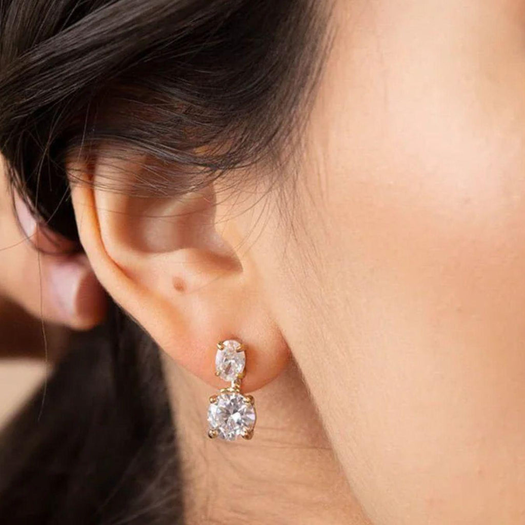 1.50 Carat Lab Grown Diamond Drop Earrings Oval & Round Shapes, 14K Yellow Gold