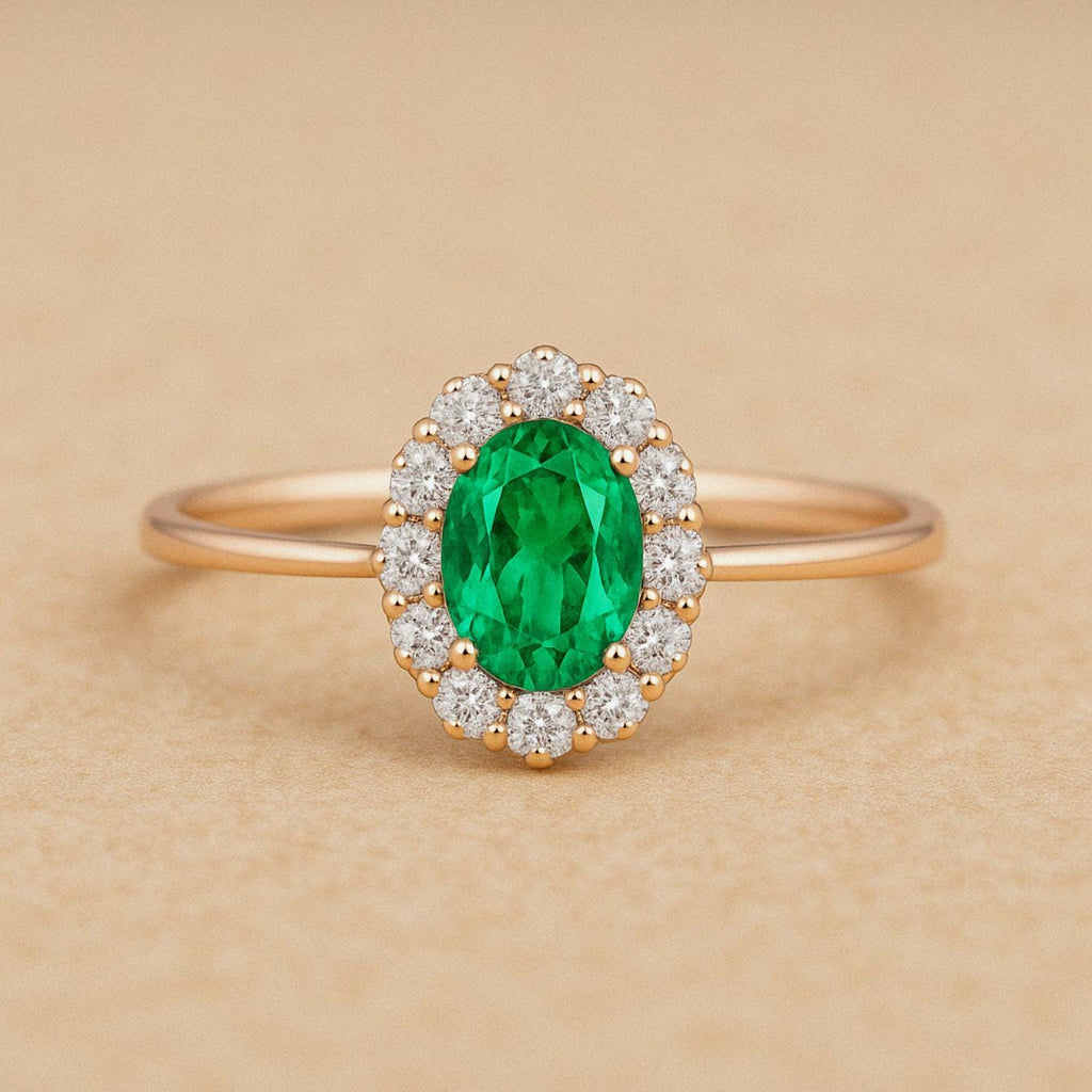 14K Classic Oval Cut Emerald Ring with Surrounding Lab Grown Diamond