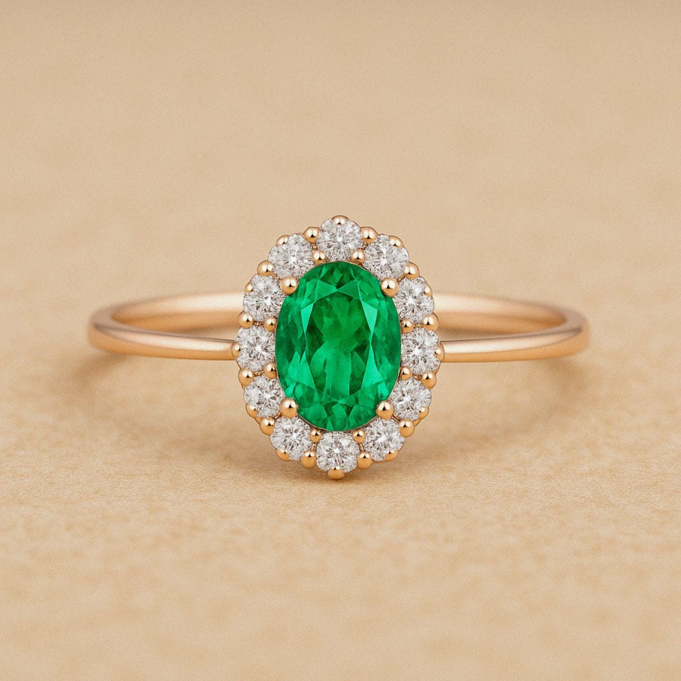 14K Classic Oval Cut Emerald Ring with Surrounding Lab Grown Diamond