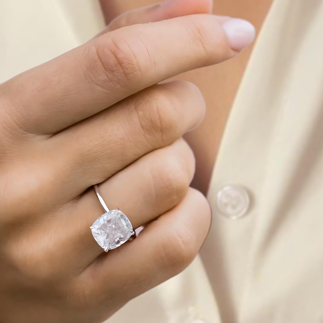 14K Gold Cushion Cut Solitaire Engagement Ring / 4 ct Cushion Lab Diamond Solitaire Wedding Ring
