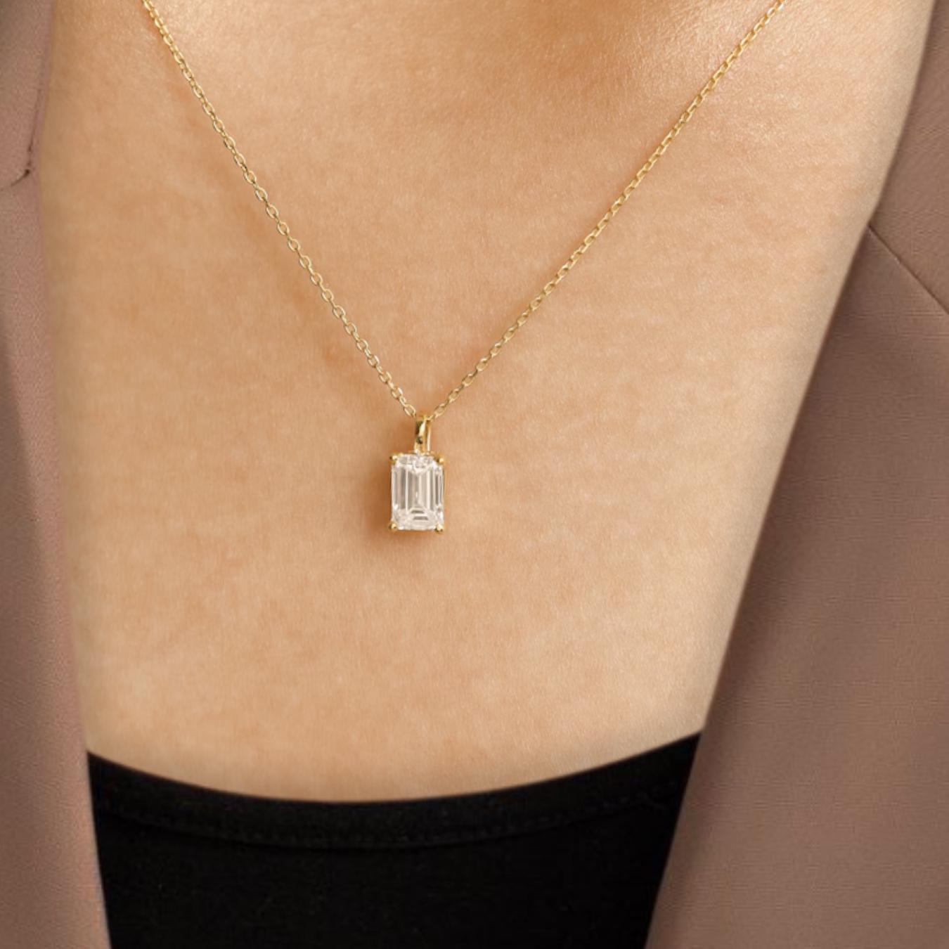 Emerald Shape Lab Grown Diamond 14K Gold Pendant For Women
