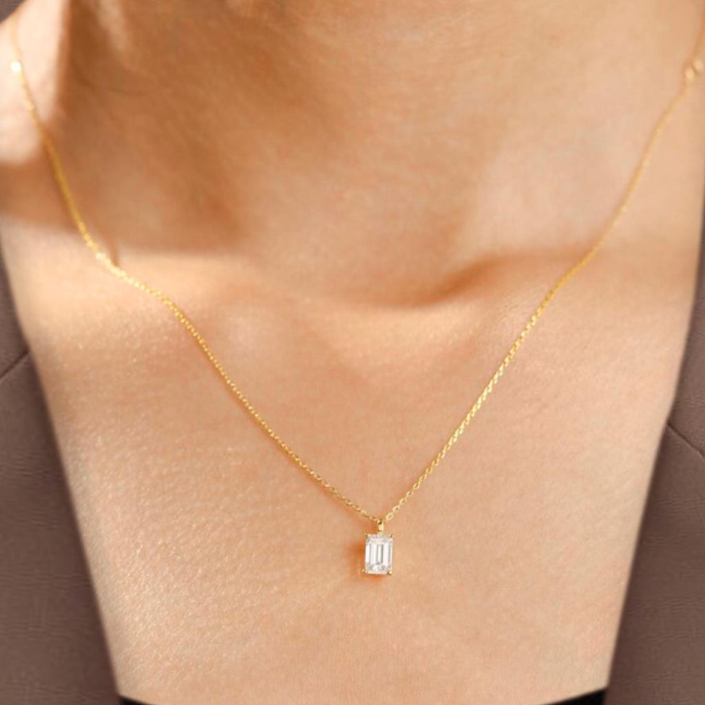 Emerald Shape Lab Grown Diamond 14K Gold Pendant For Women