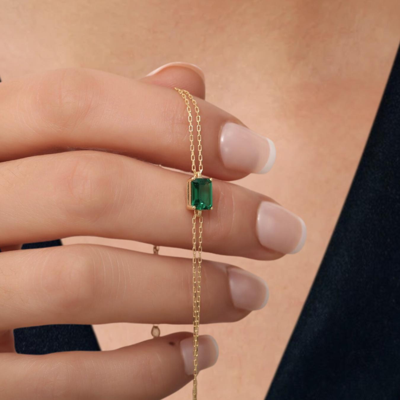 Dainty Gold Baguette Emerald Bracelet | May Birthstone | Perfect Gift for Mother's Day - Wife