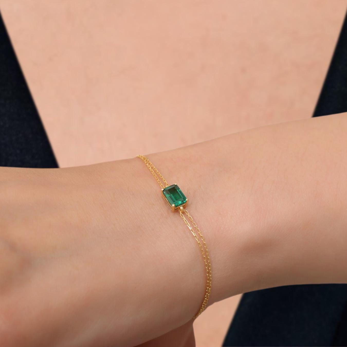 Dainty Gold Baguette Emerald Bracelet | May Birthstone | Perfect Gift for Mother's Day - Wife