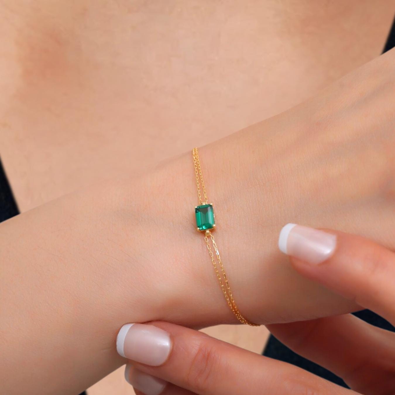 Dainty Gold Baguette Emerald Bracelet | May Birthstone | Perfect Gift for Mother's Day - Wife
