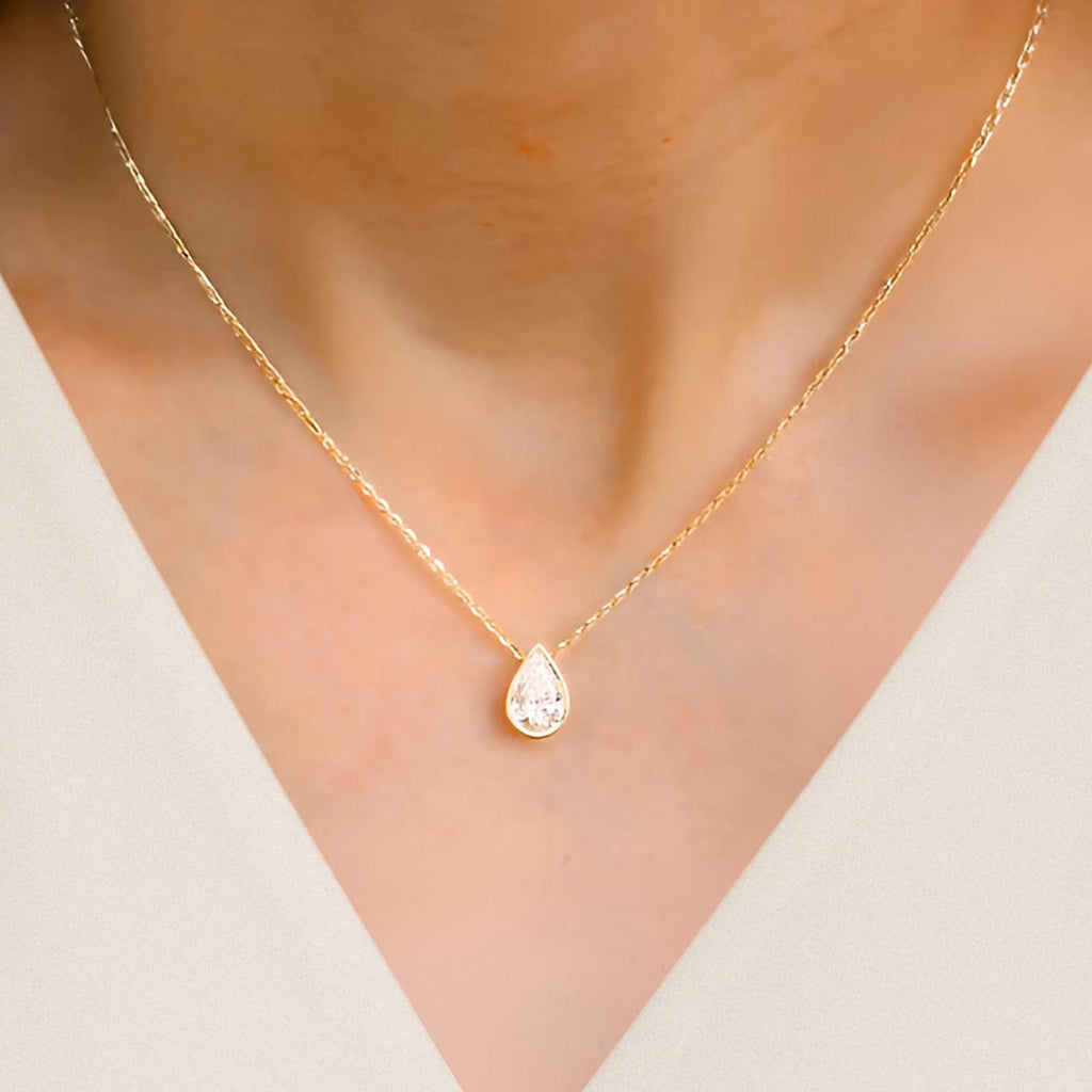 1CT Pear Shape Bezel Set Lab Grown Diamond Necklace | 14K Gold Eco-Friendly Diamond Pendant
