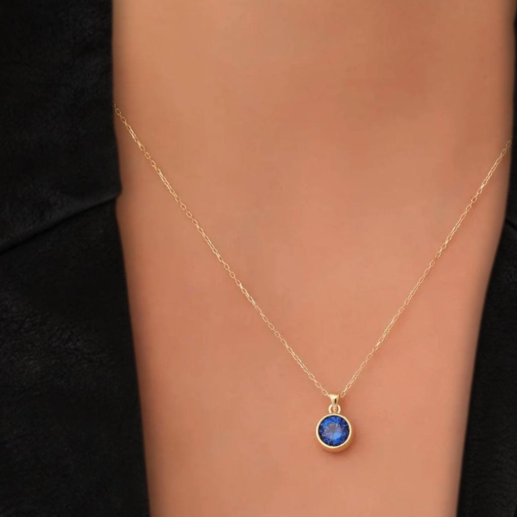 Round Sapphire Bezel Necklace 14K Solid Gold, May Birthstone Charm Pendant, Perfect Gift for mom , Birthdays and Special Occasions