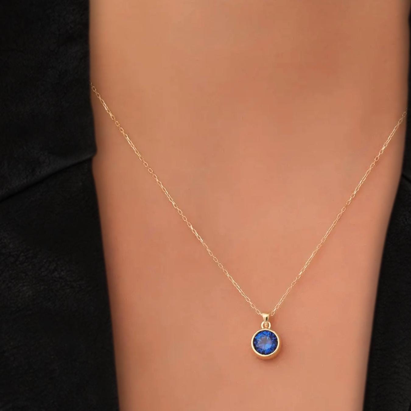 Round Sapphire Bezel Necklace 14K Solid Gold, May Birthstone Charm Pendant, Perfect Gift for mom , Birthdays and Special Occasions