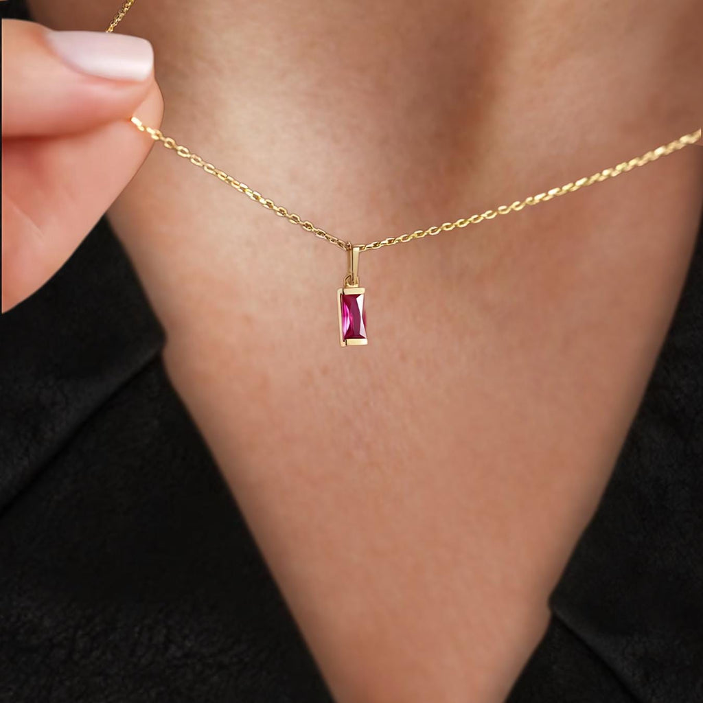 14k Solid Gold Dainty Ruby Baguette Pendant Necklace