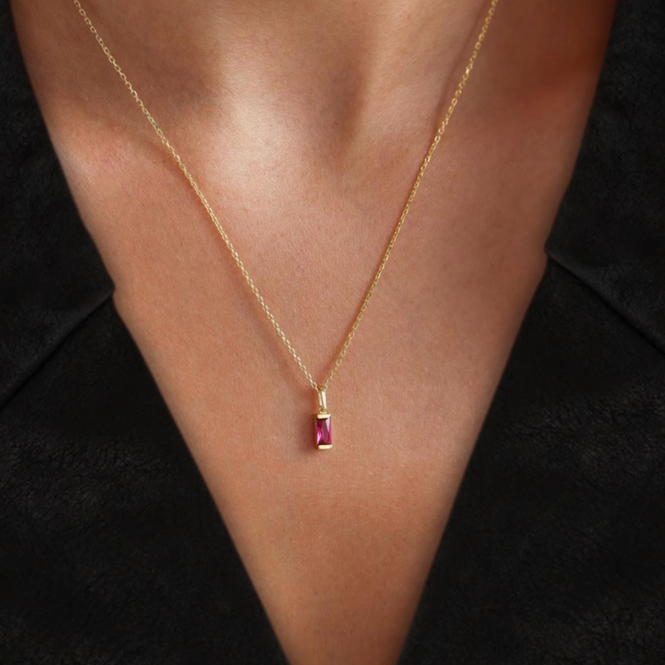 14k Solid Gold Dainty Ruby Baguette Pendant Necklace
