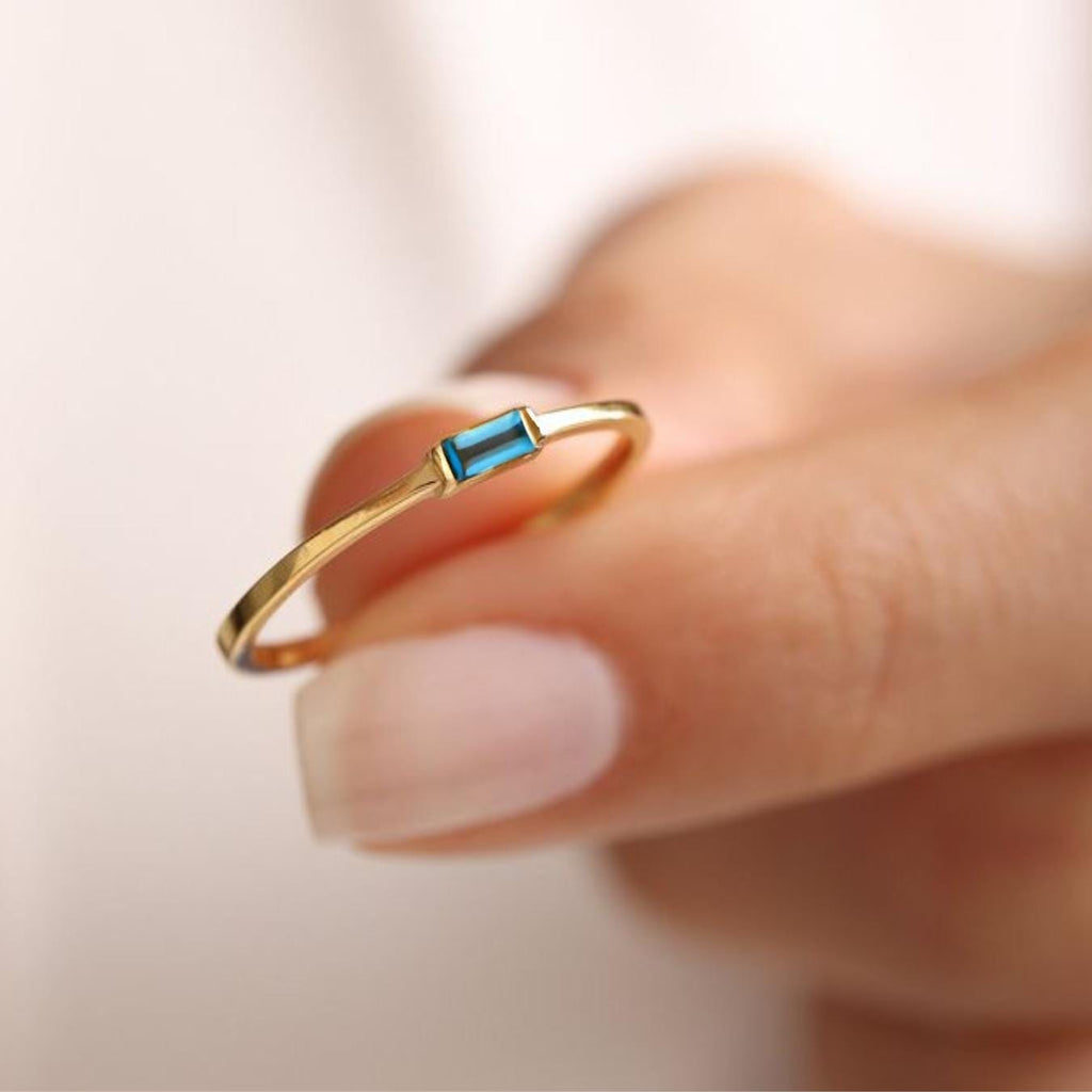 London Blue Topaz ring Unique Yellow Gold Engagement Ring, Baguette cut Blue topaz ring