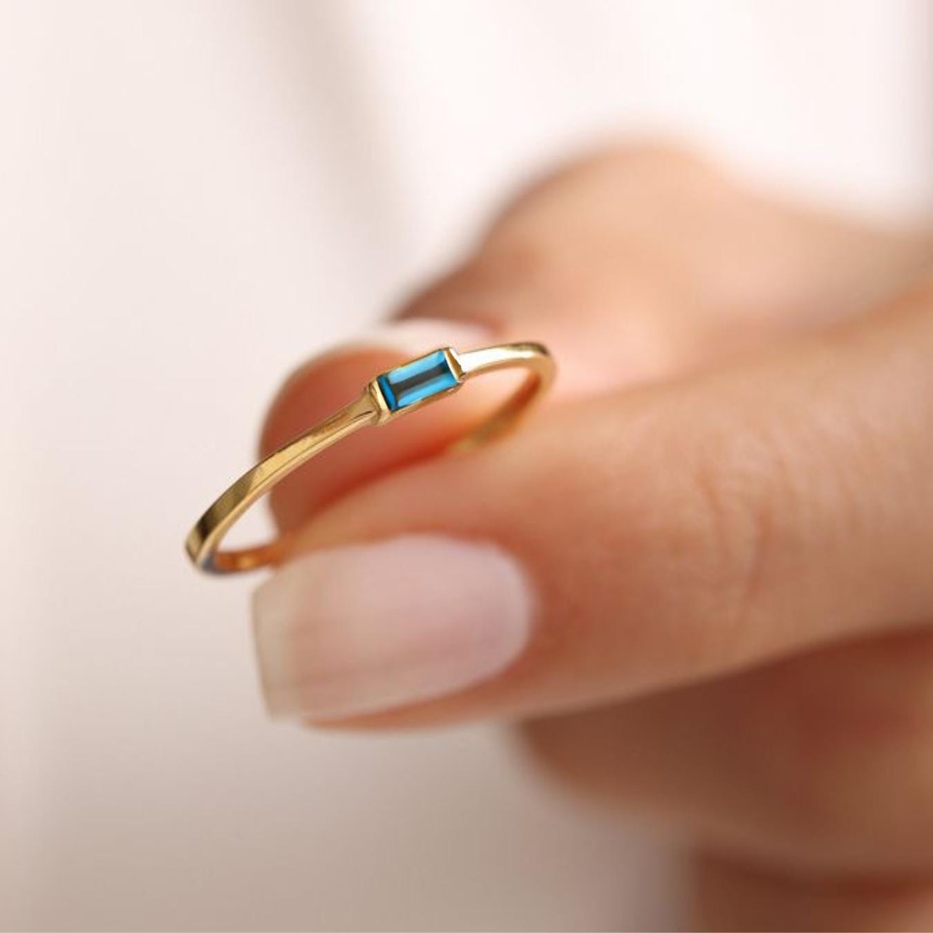 London Blue Topaz ring Unique Yellow Gold Engagement Ring, Baguette cut Blue topaz ring