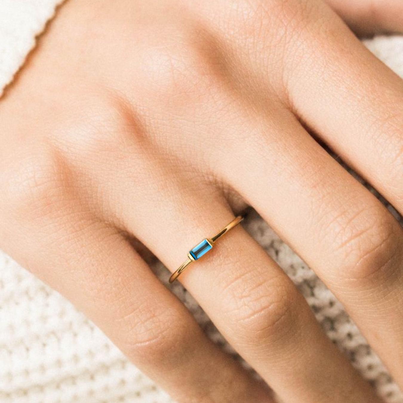 London Blue Topaz ring Unique Yellow Gold Engagement Ring, Baguette cut Blue topaz ring