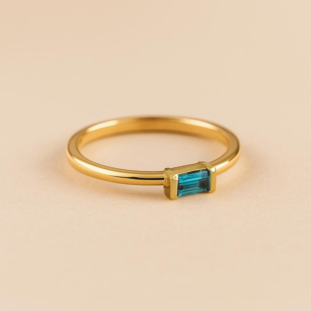 London Blue Topaz ring Unique Yellow Gold Engagement Ring, Baguette cut Blue topaz ring