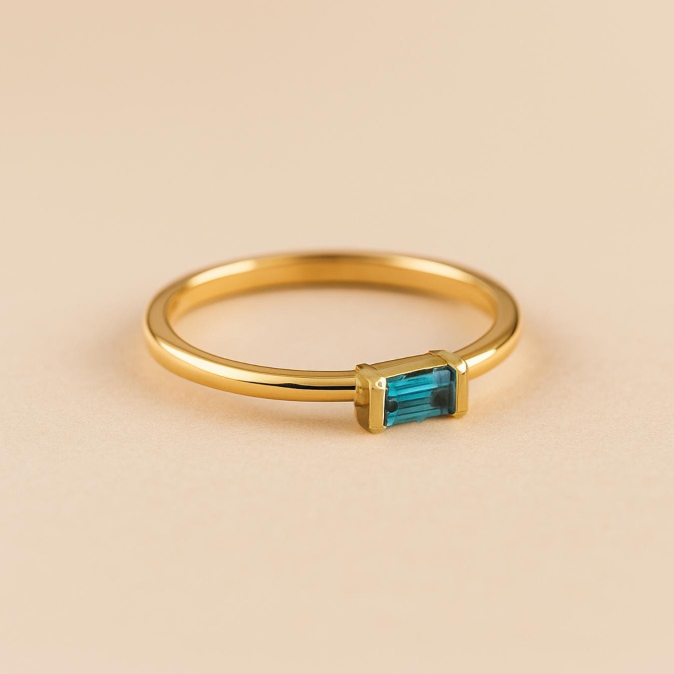 London Blue Topaz ring Unique Yellow Gold Engagement Ring, Baguette cut Blue topaz ring