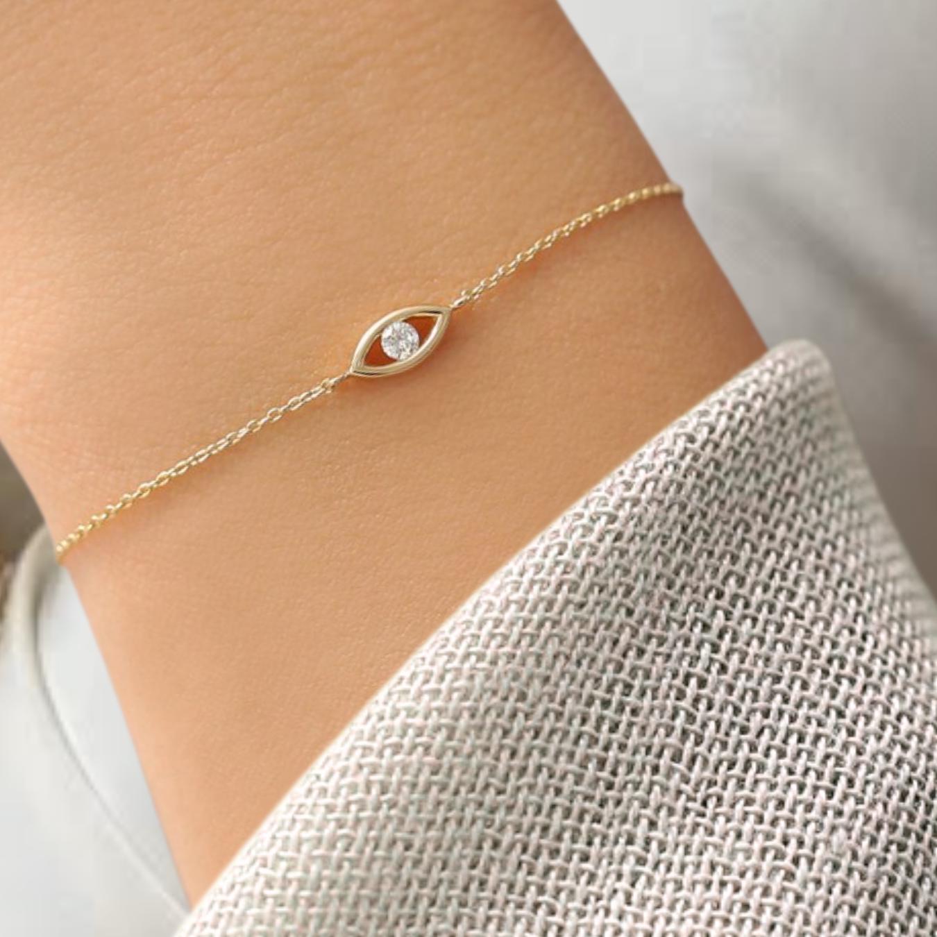 Diamond Bracelet / Evil Eye Diamond Bracelet in 14k Gold / Good Luck Charm Bracelet / Friendship Bracelet / Jewelry for women