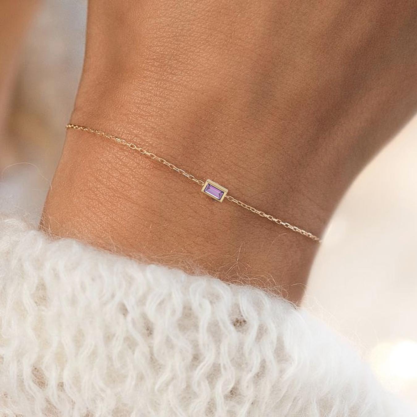 14k Gold Amethyst Bracelet, Baguette Gemstone Stone with Bezel Setting, February Birthstone, Birthstone Jewelry, 14k Dainty Bracelet