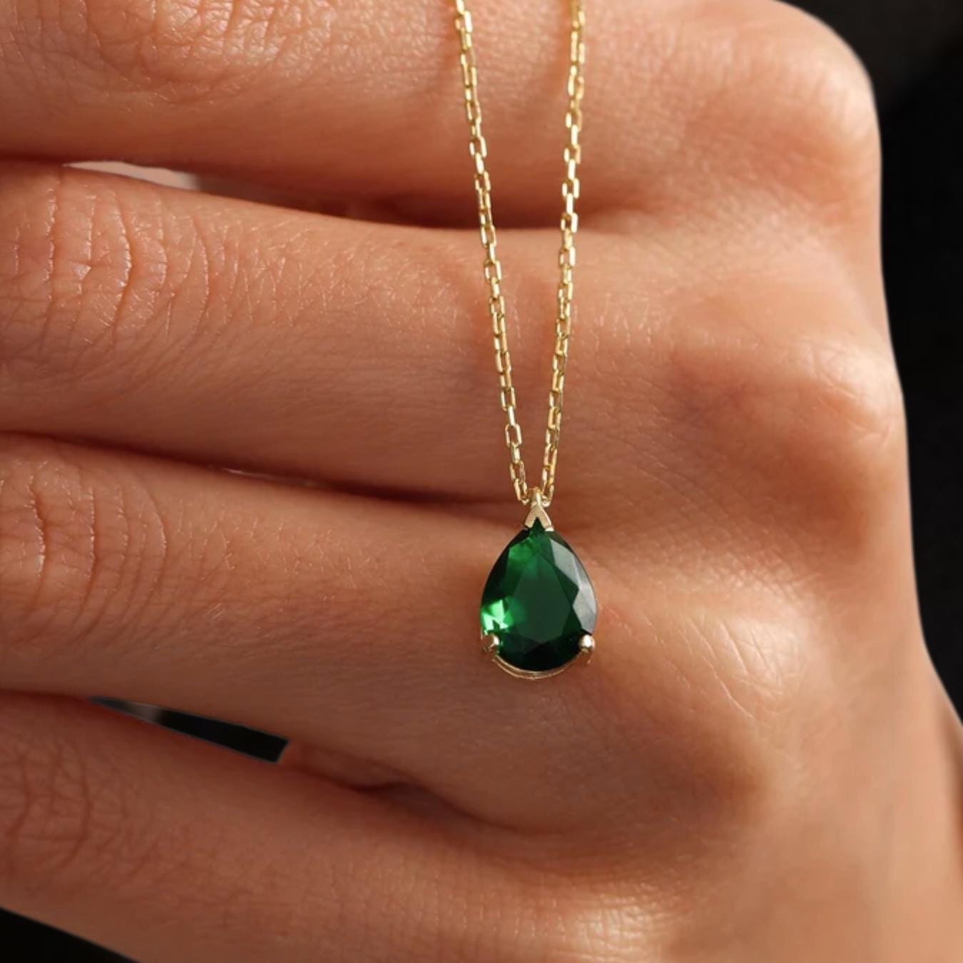 Emerald Green Necklace, May Birthstone Pendant, Solid Gold Emerald Necklace, Teardrop Emerald Jewelry, Minimalist Necklace, Mother's Day