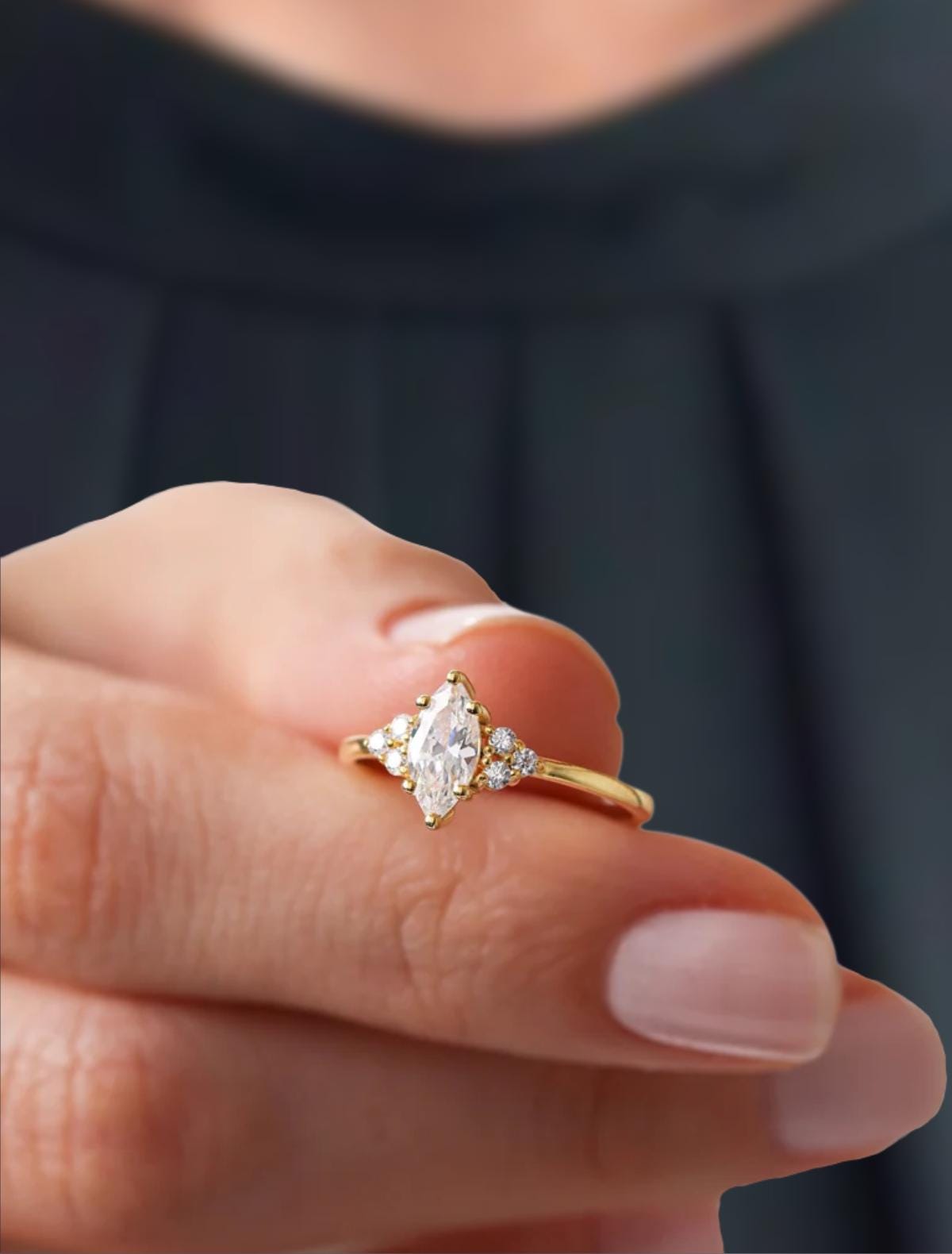 14k Marquise Lab Grown Engagement Ring Solid Gold, Vintage Style Solitaire Ring