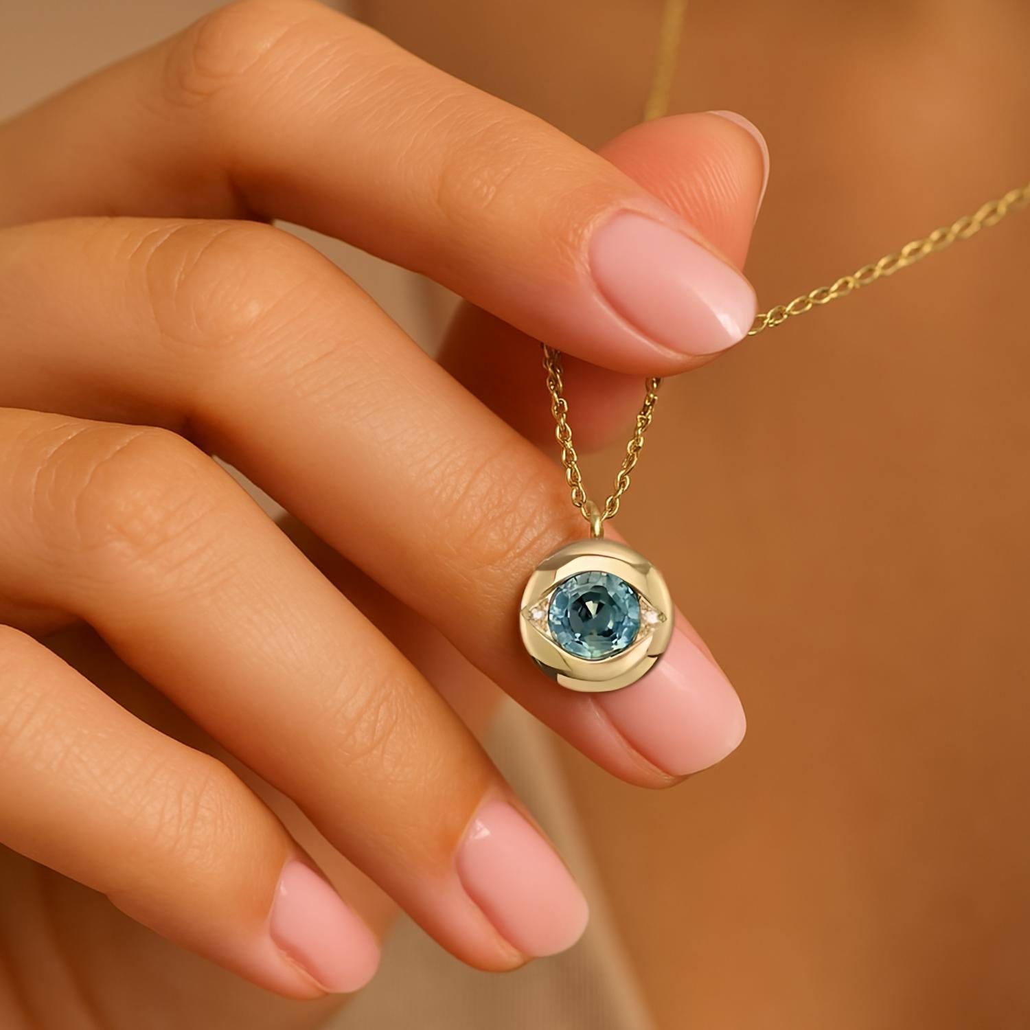14k Diamond Evil Eye Necklace | Sapphire Necklace for Women | Easter Day Gift | Evil Eye Pendant | Diamond Necklace |Sapphire Evil Eye Charm