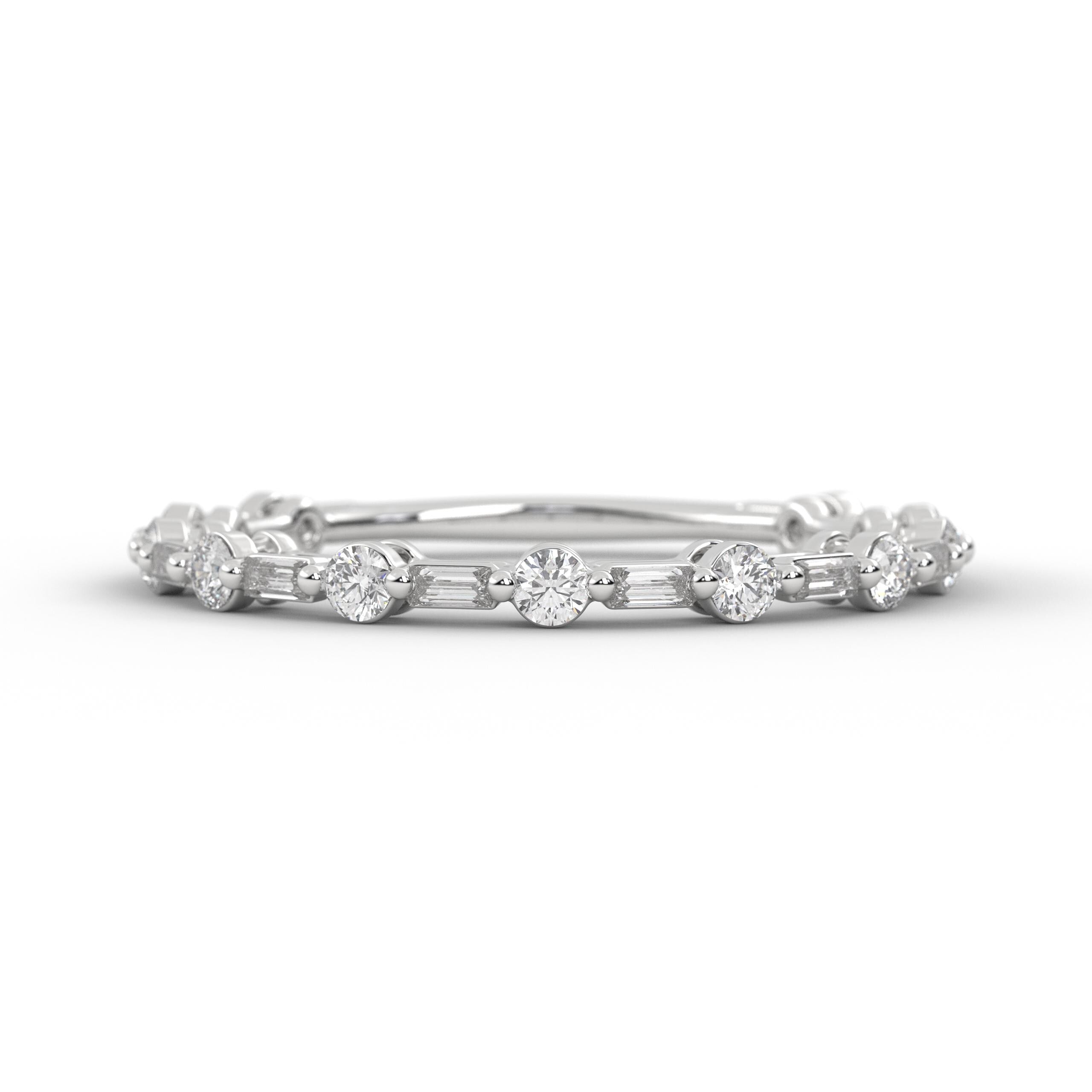 14k Baguette and Round Diamond Half Eternity Wedding Band
