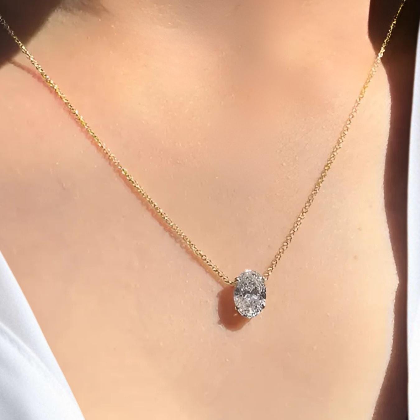 14K Gold 1.50 Ct Diamond Necklace, Lab Grown Diamond Oval Pendant