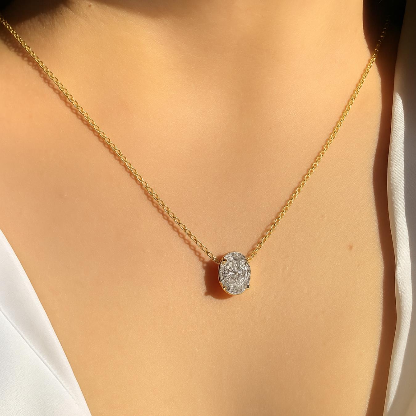 14K Gold 1.50 Ct Diamond Necklace, Lab Grown Diamond Oval Pendant