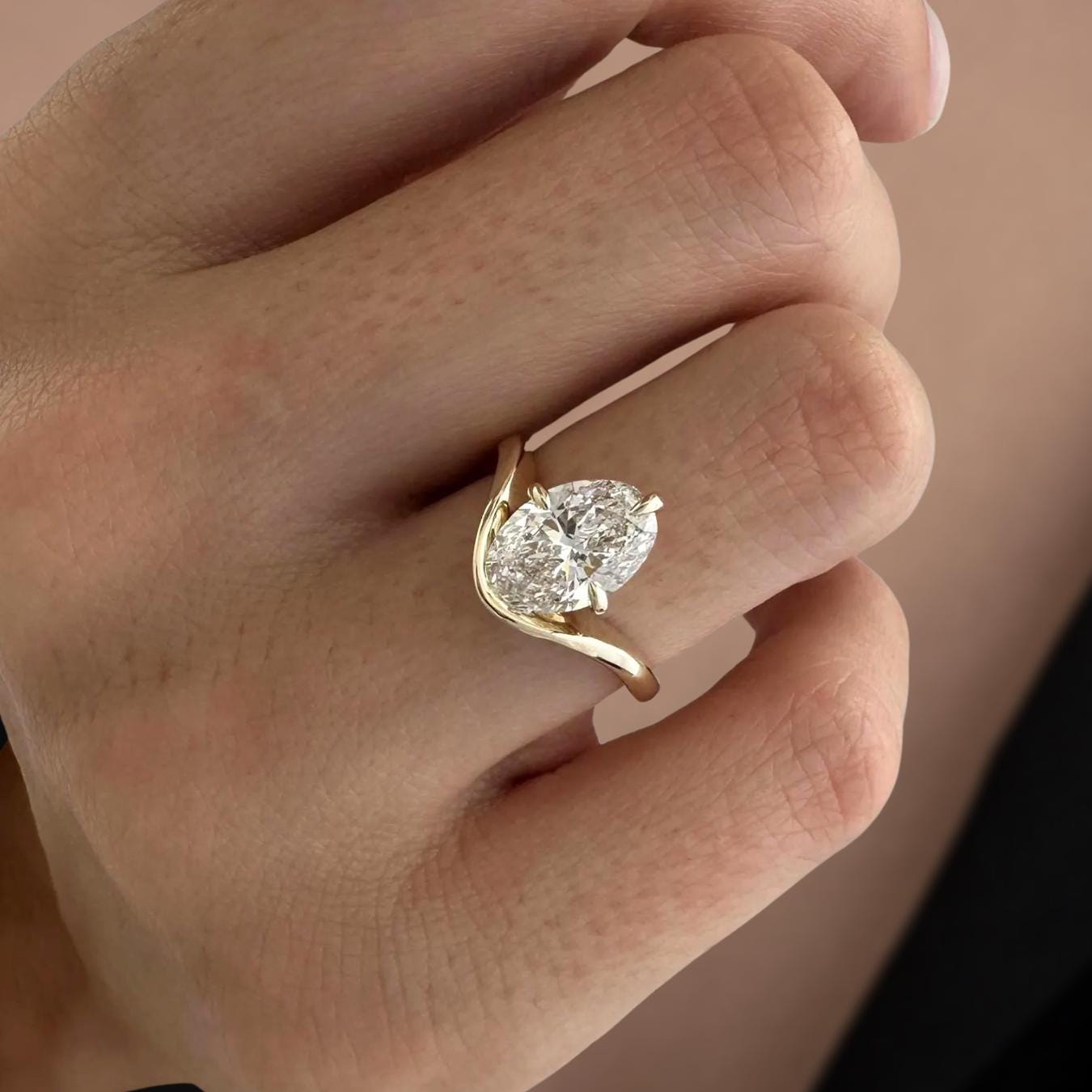 2 Carat Oval Unique Lab Grown Diamond Curved Solitaire Engagement Ring, 14K Gold Nesting Diamond Proposal Ring