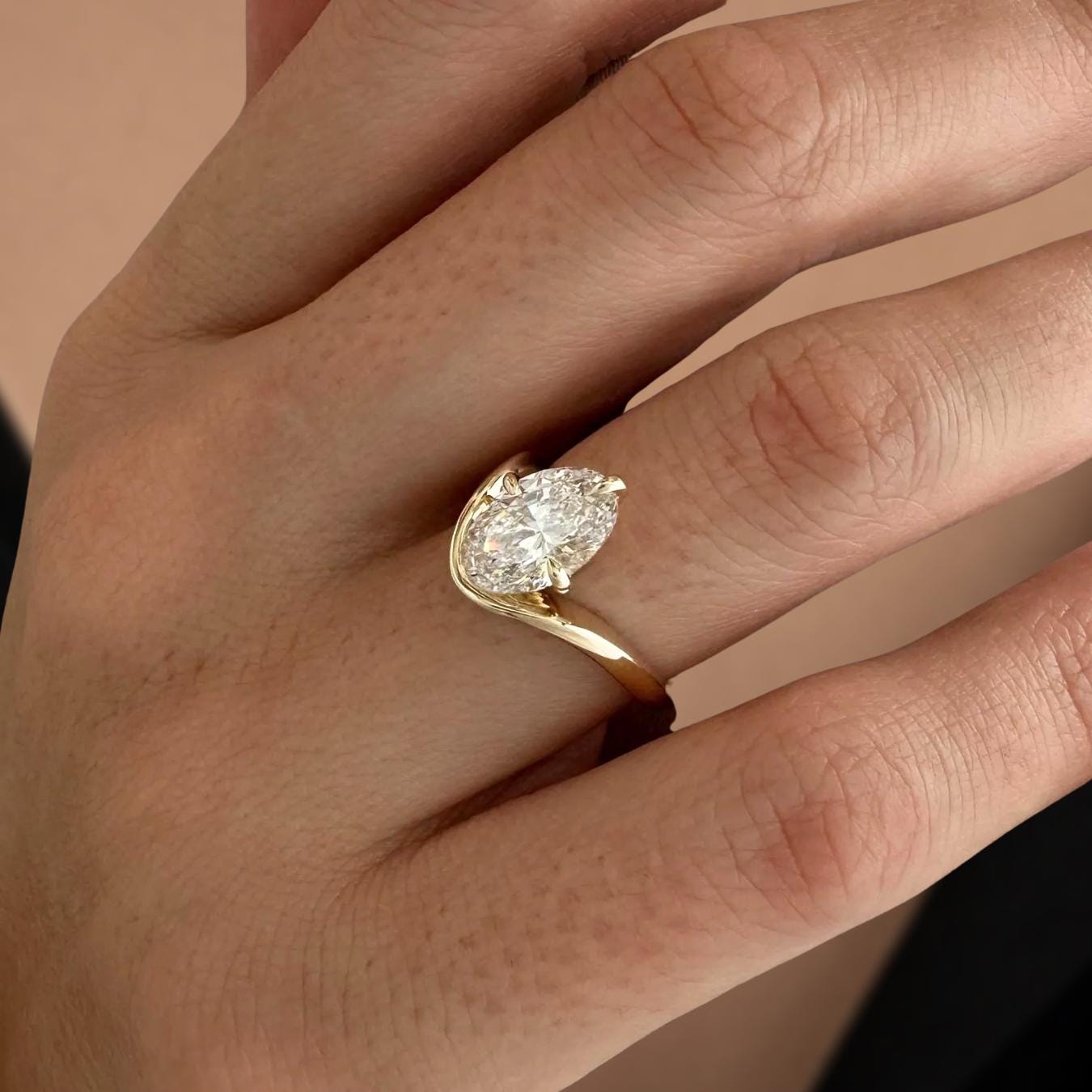 2 Carat Oval Unique Lab Grown Diamond Curved Solitaire Engagement Ring, 14K Gold Nesting Diamond Proposal Ring