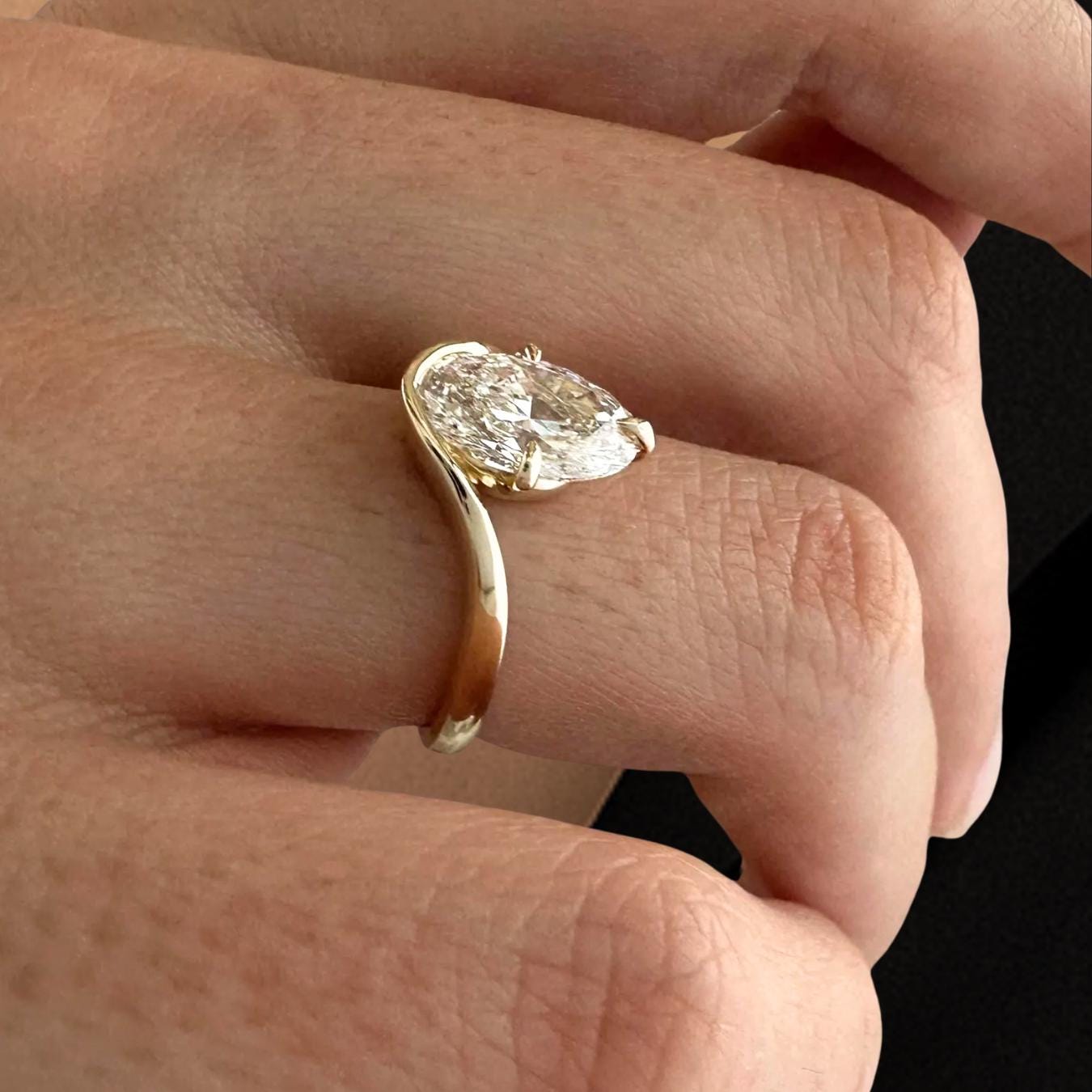 2 Carat Oval Unique Lab Grown Diamond Curved Solitaire Engagement Ring, 14K Gold Nesting Diamond Proposal Ring