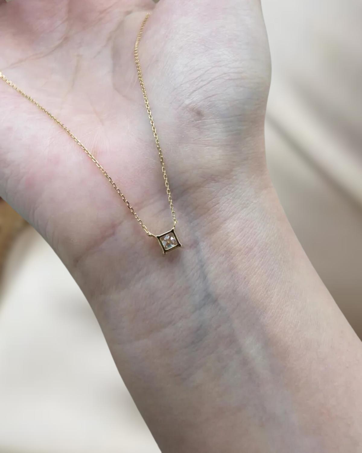Princess Necklace 1 Carat Princess Cut F VS1 Lab Grown Diamond Necklace IGI Certificate 14k Yellow Gold