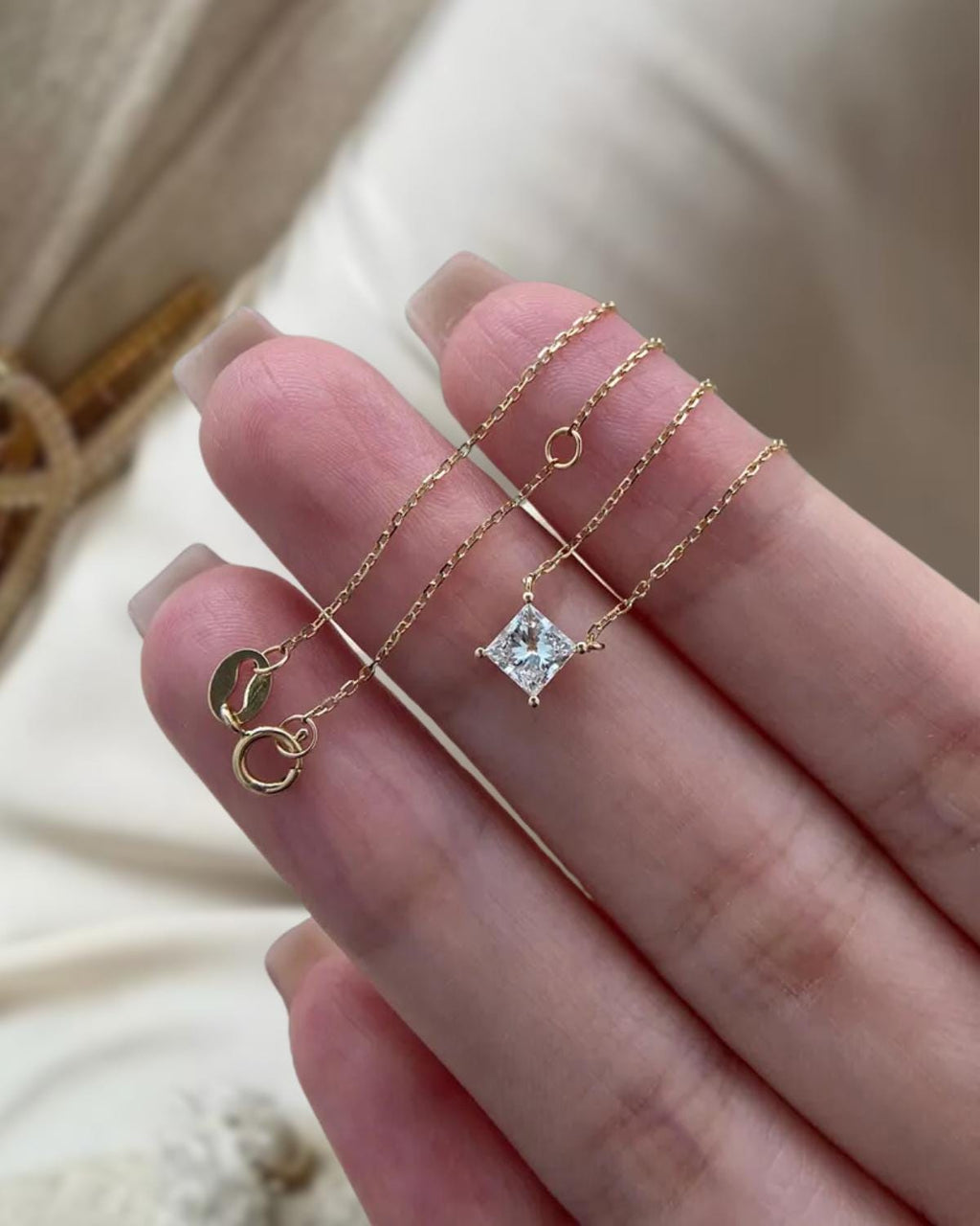 Princess Necklace 1 Carat Princess Cut F VS1 Lab Grown Diamond Necklace IGI Certificate 14k Yellow Gold