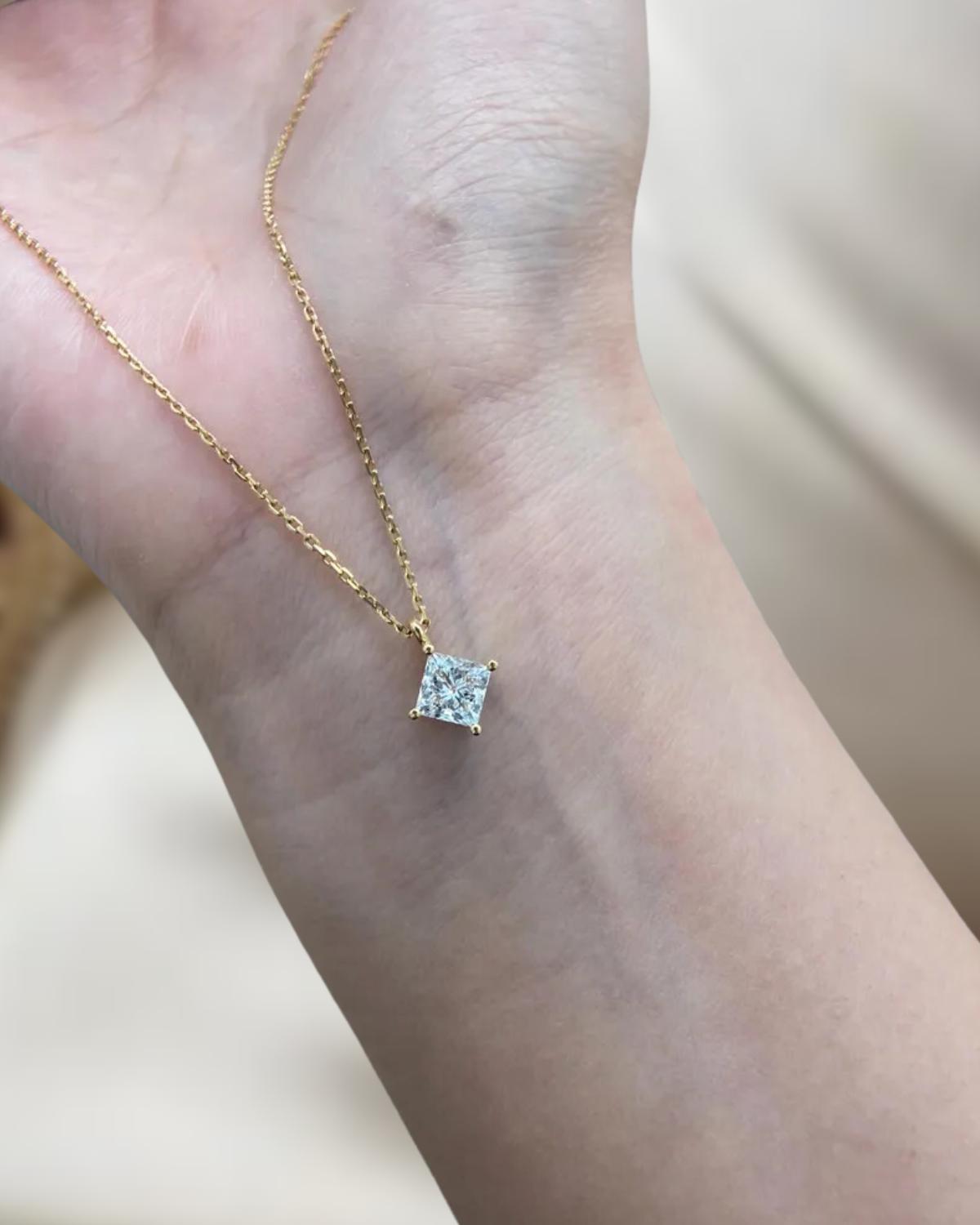 Princess Necklace 1 Carat Princess Cut F VS1 Lab Grown Diamond Necklace IGI Certificate 14k Yellow Gold