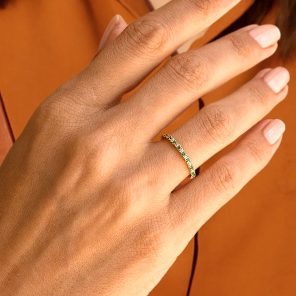 14k Gold Emerald Eternity Ring: Lab Grown Diamond Stackable Band